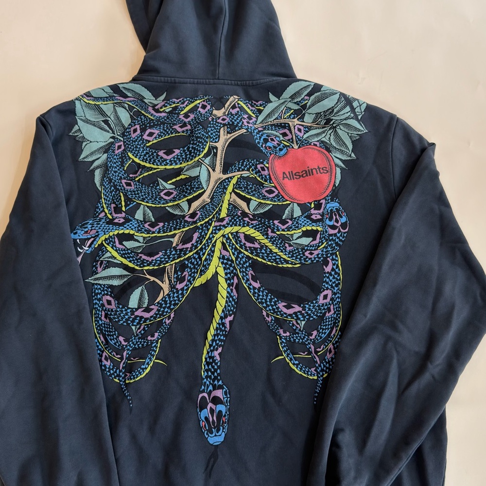 All Saints Black Hoodie with Snake and Apple Graphic
